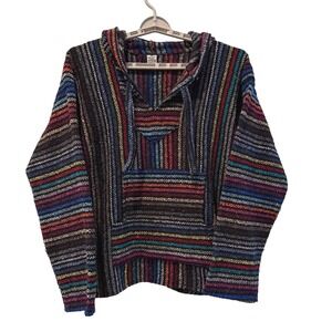 Artesanias Mickey Baja Hoodie Multicolor Striped Woven Boho Hippie Mens L READ